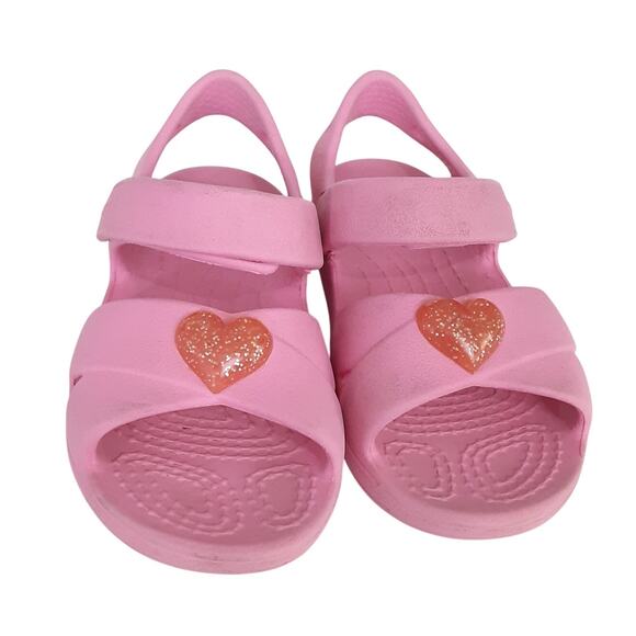 Crocs Kids Sandals Girls 7 Cross Strap Heart Charm Sandal Pink Water Shoes - Picture 2 of 7